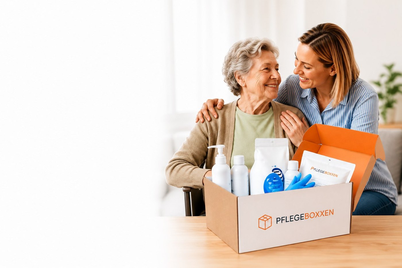 Seniorin und Tochter mit ihrer Pflegebox